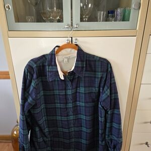 L.L. Bean Men's Navy and Teal Plaid Button-Down Shirt, Size M, Fleece Lined.